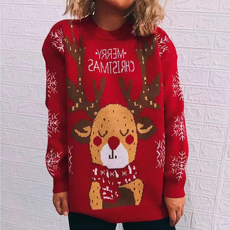 Christmas red elk sweater for women in autumn and winter, loose and lazy style, Korean version, New Year style, trendy knitted sweater top