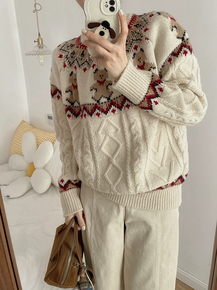 古着聖誕毛衣女小熊餅乾提花厚秋冬韓國小眾高級感純羊毛針織上衣