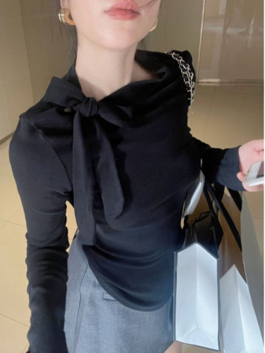 Niche spring, autumn and winter new half-high collar T-shirt women's design lace-up bow bottoming shirt long-sleeved top trendy