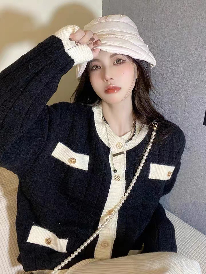 French style gentle style slim single-breasted knitted sweater for women autumn and winter new fashion top