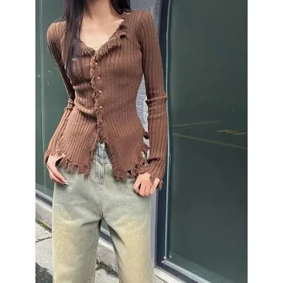 YUNYIHUI 雲衣匯 美式辣妹流蘇咖色開衫毛衣外套女毛織打底衫秋季