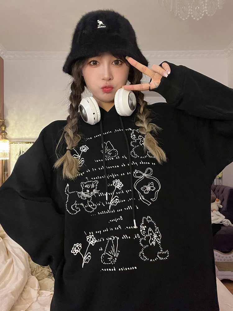 2023 New Chinese Cotton Composite Thin Style 310g/Fleece 410g Autumn and Winter Sweater Women's Printed Loose Large Size