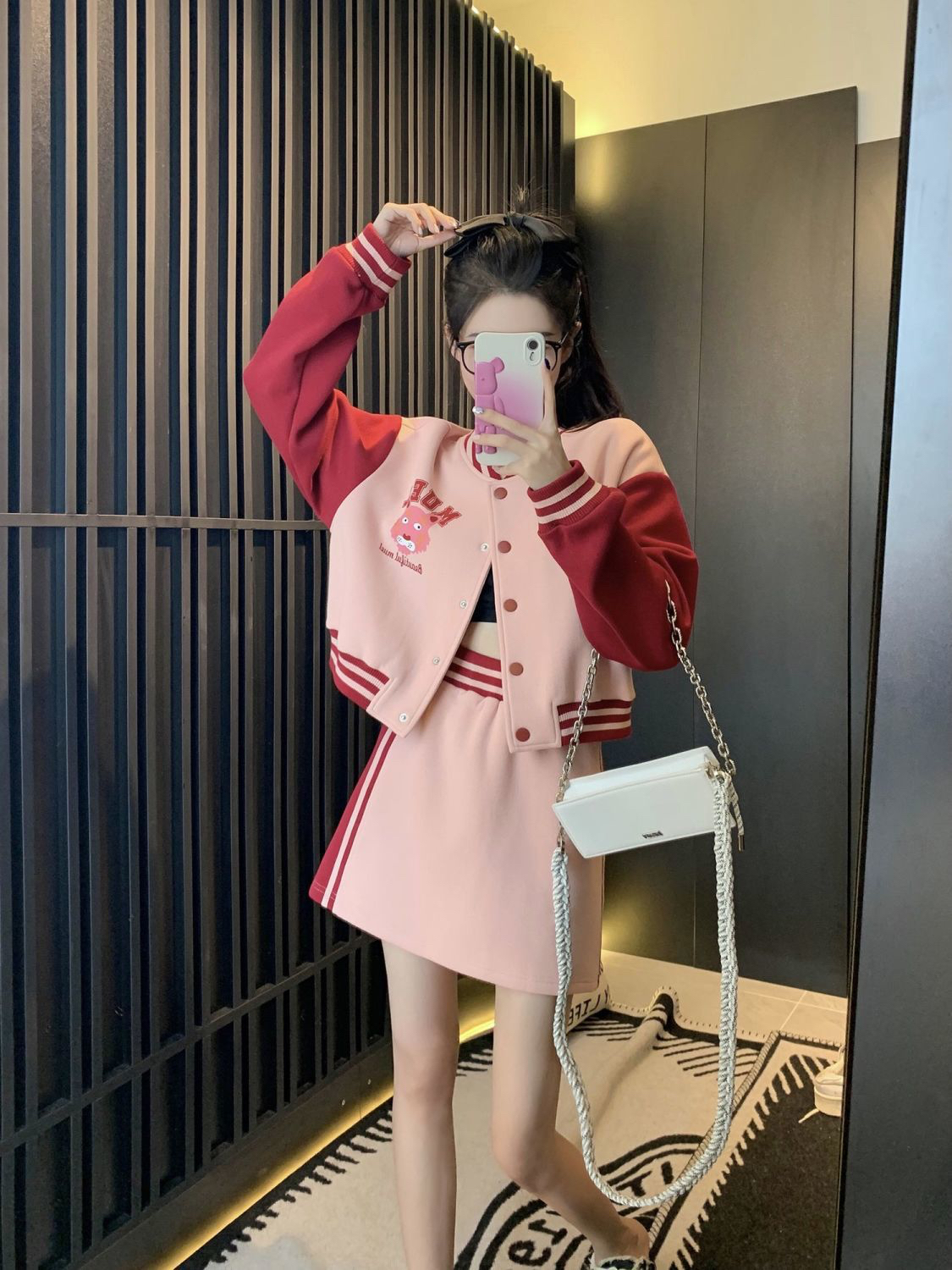 學院風運動棒球服兩件套裝女春季新款秋冬休閒粉色短外套半身短裙