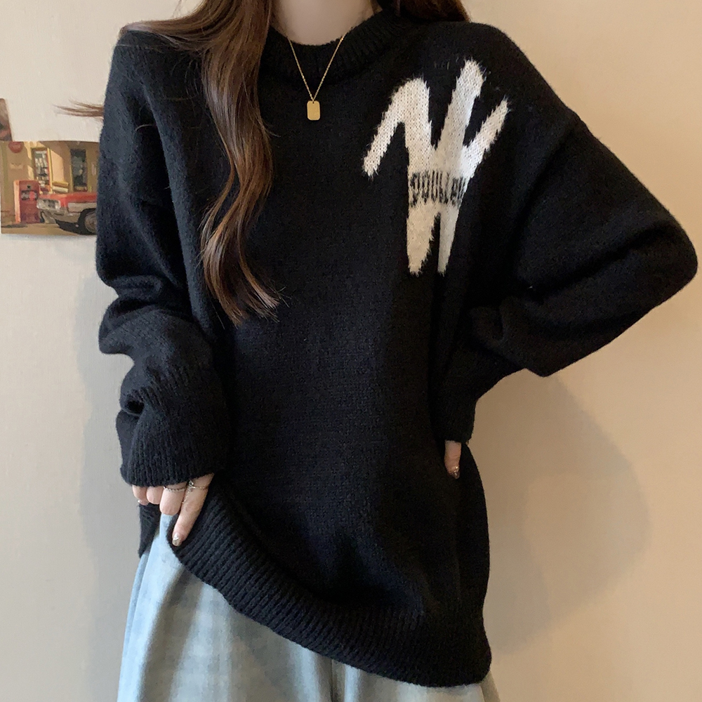 實拍大碼女裝2023秋冬紅色新年款軟糯毛衣秋冬簡約字母寬鬆針織衫