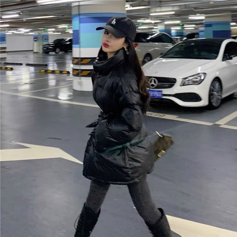 韓國中長款潮冬黑色立領oversize羽絨棉衣棉服女收腰韓版寬鬆外套