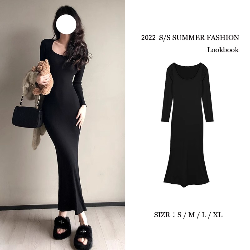 長袖方領連衣裙女秋冬季小媽感收腰緊身包臀裙子內搭打底裙中長裙