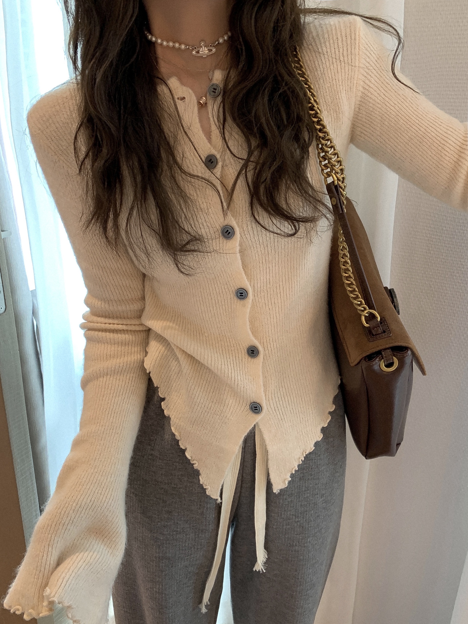 OHLABABY low round neck knitted cardigan with fungus edge, autumn and winter inner layering sweater for women, paper top