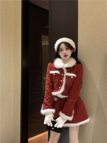 实拍~酒熏红莓圣诞节新年显白暗红收腰上衣+高腰蓬蓬裙套装女