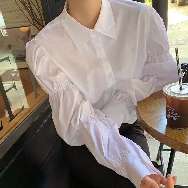韓國chic秋季小眾鬆緊設計感減齡泡泡袖翻領單排扣長袖襯衫女