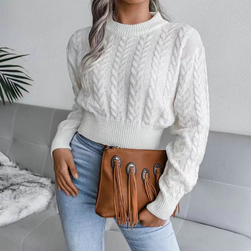 New autumn and winter 2023 solid color twist knitted long-sleeved round neck pullover waist sexy hot girl sweater for women