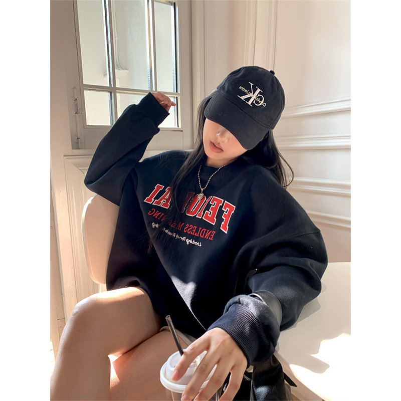 Thickened and velvet warm long-sleeved sweatshirt for women autumn Korean version 2023 new loose fashion letter print top trendy