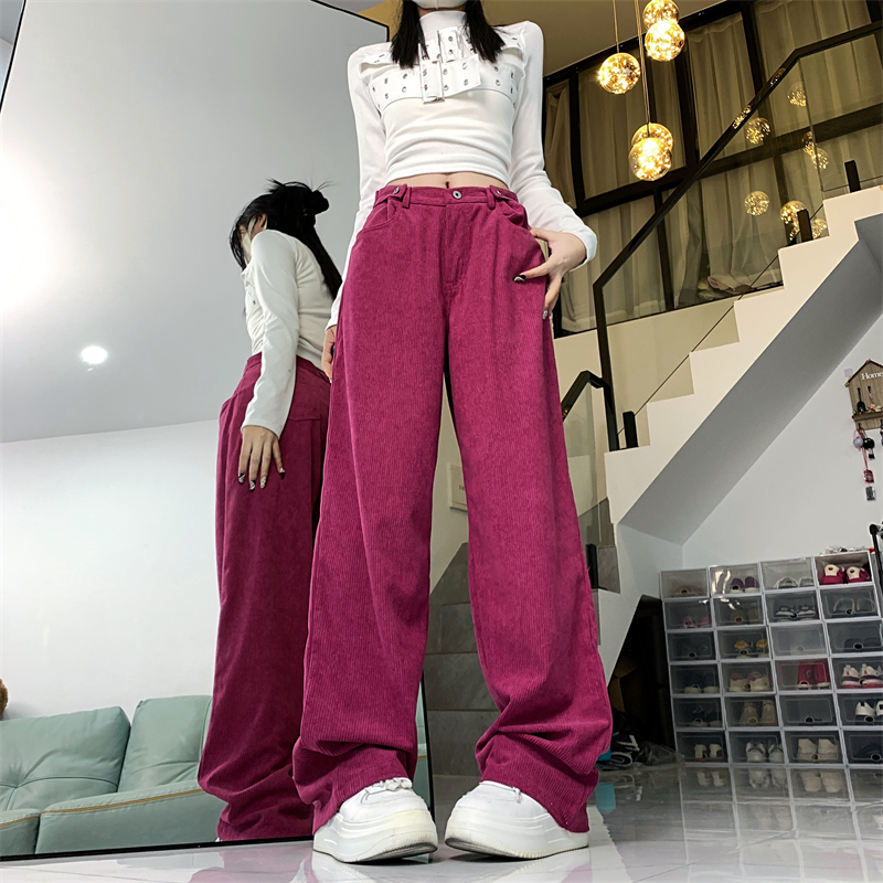 實拍#復古燈芯絨直筒休閒褲子女2023秋冬新款寬鬆闊腿拖地長褲潮