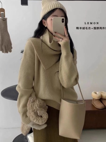 Lazy style loose v-neck pullover sweater women's winter design suit scarf warm sweater two-piece set