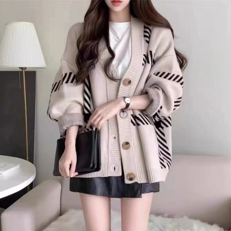 Black striped knitted cardigan for women 2023 new Korean version loose lazy style simple versatile sweater jacket