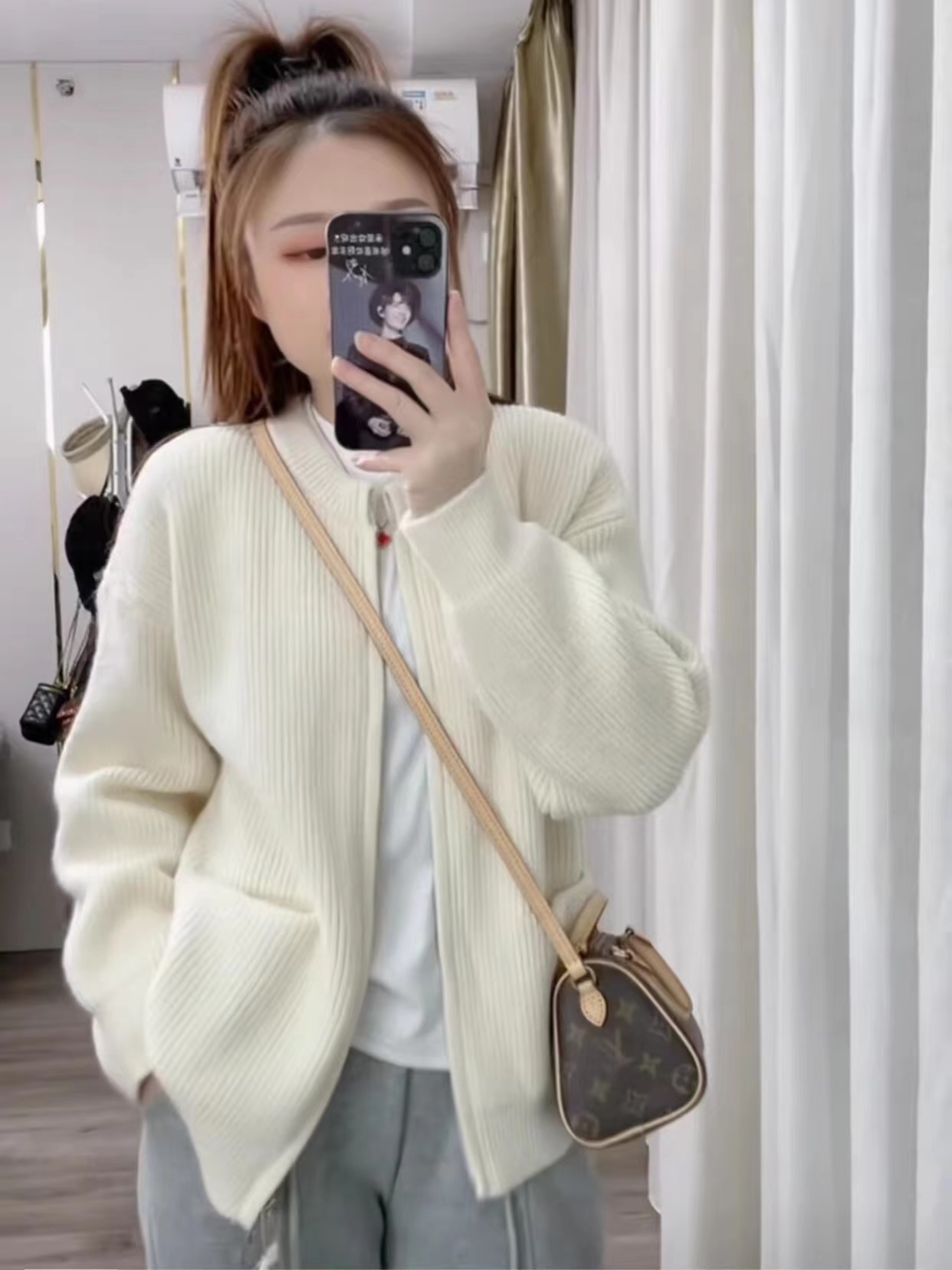 Retro solid color lazy style high-end pit zipper knitted cardigan for women loose soft waxy temperament sweater jacket