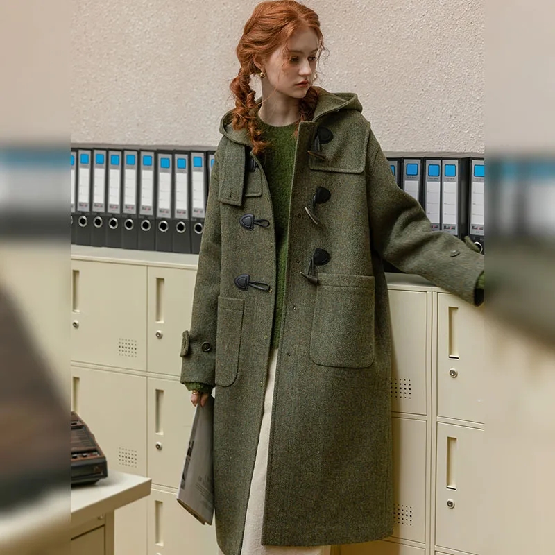 MELLIIY 2023年新款寬鬆連帽牛角扣綿羊毛綠色呢子大衣外套女冬季