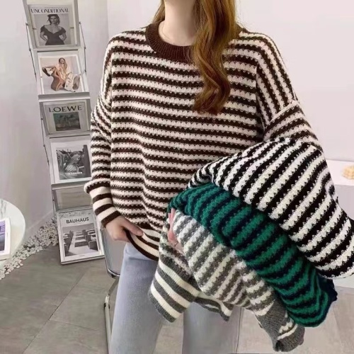 Retro striped round neck sweater for women  autumn and winter new style internet celebrity loose lazy style long-sleeved sweater