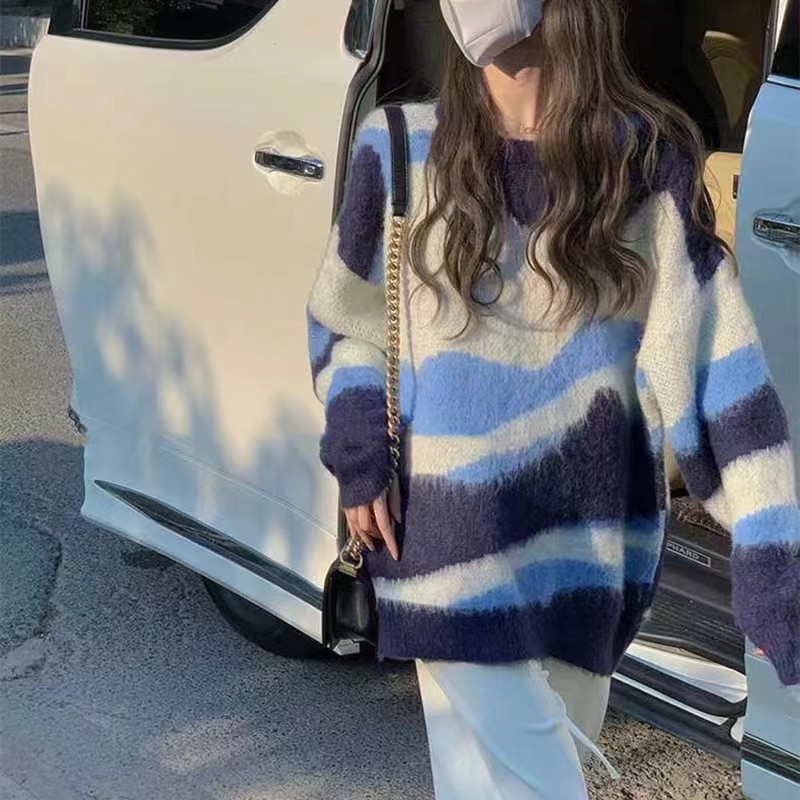 Lazy style contrast striped milk fufu sweater women's autumn and winter milk style fashionable loose soft and waxy top