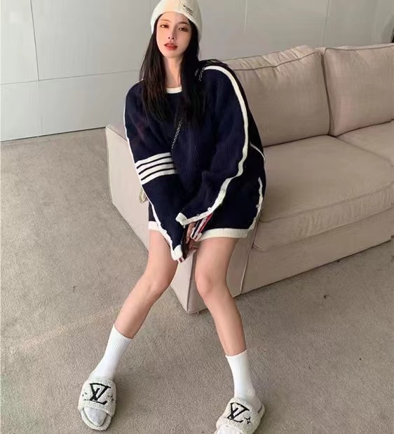 Retro Hong Kong Style Striped Contrast Color Sweater Women's Autumn and Winter Loose Outerwear Versatile Lazy Style Slit Sweater