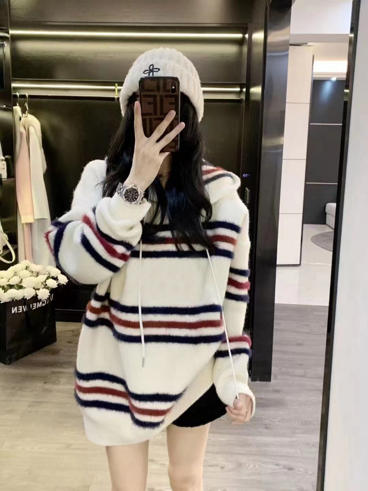 韓版慵懶風撞色條紋毛衣女秋冬2023新款高級感超好看寬鬆連帽外套
