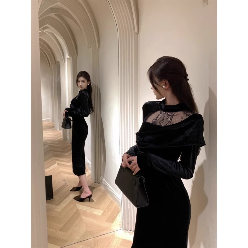 赫本風御姐絲絨連衣裙富家千金性感純欲蕾絲宴會氣質禮服小黑裙女