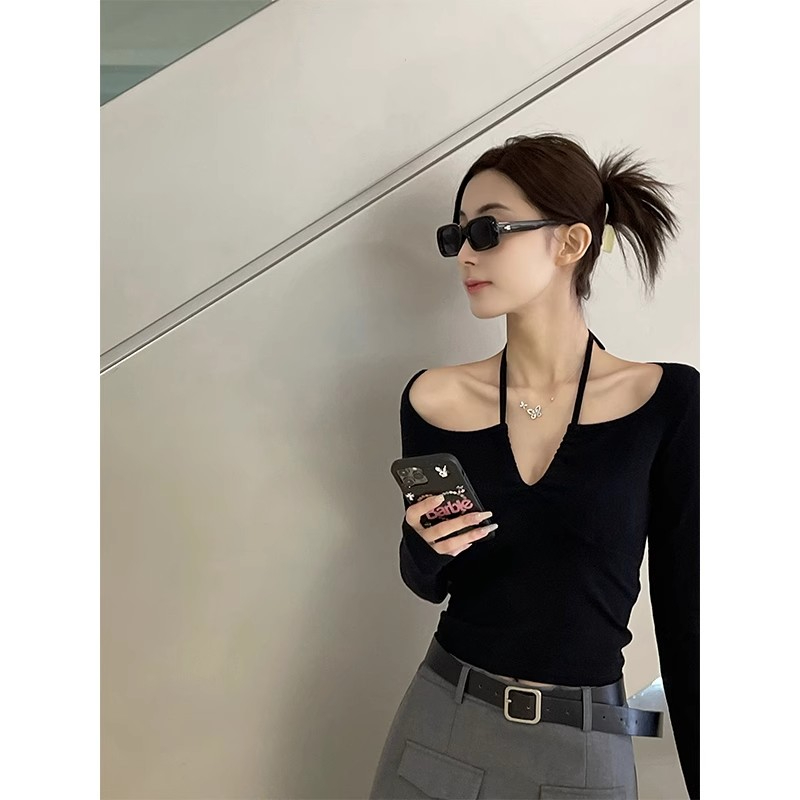 高彈羅紋德絨 純欲風辣妹性感修身顯瘦V領掛脖長袖T恤