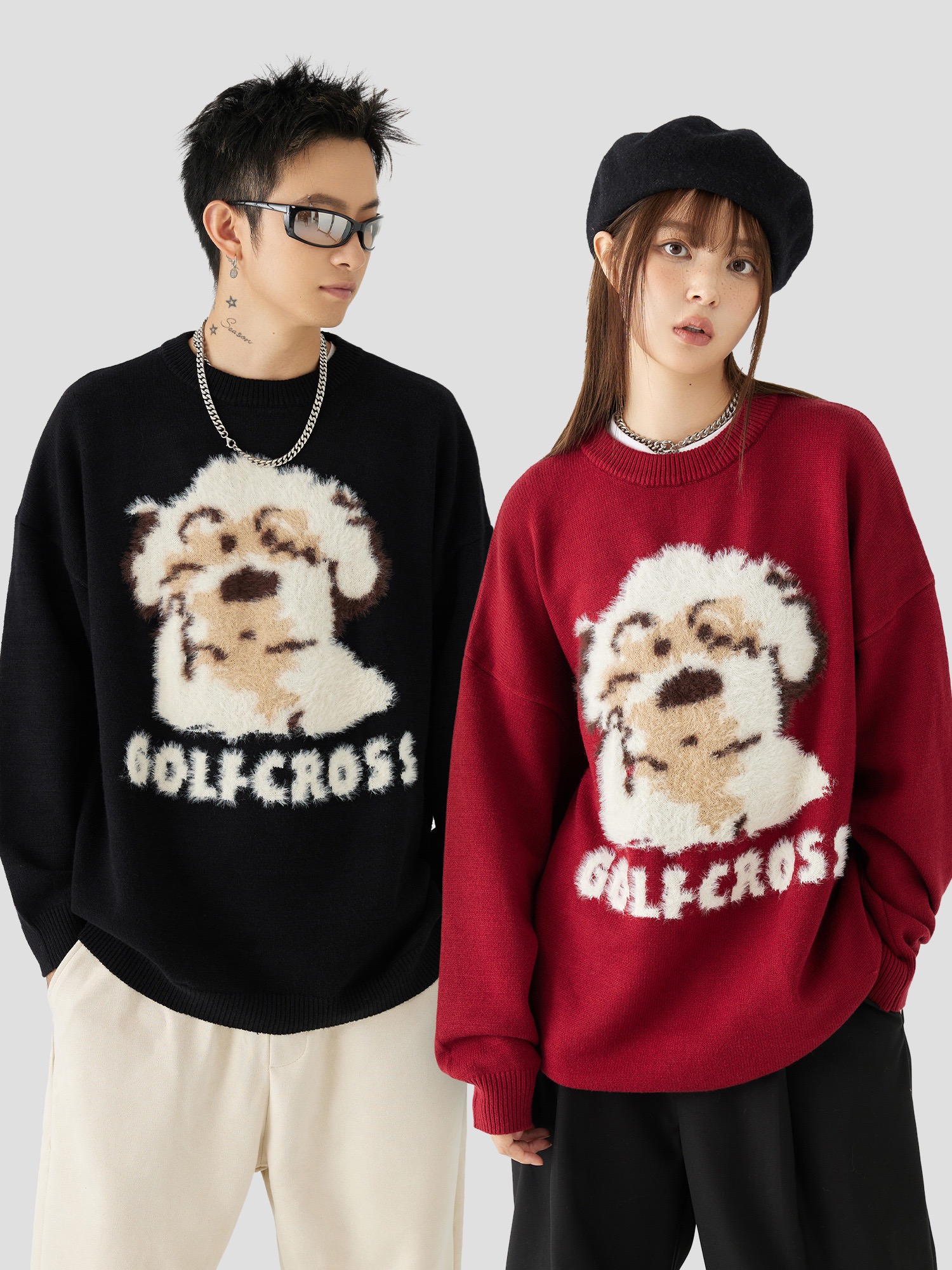 GOLFCROSS可愛卡通小狗提花保暖毛衣落肩長袖圓領秋冬情侶ins上衣