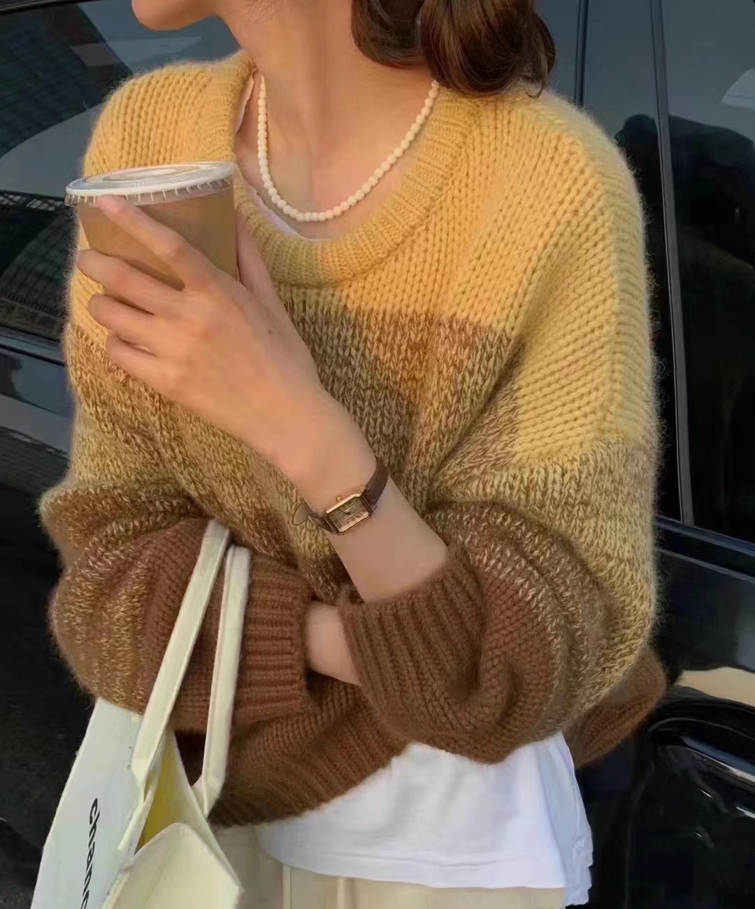 Korean style lazy style loose contrast color gradient knitted sweater for women spring and autumn 2023 new French style gentle top