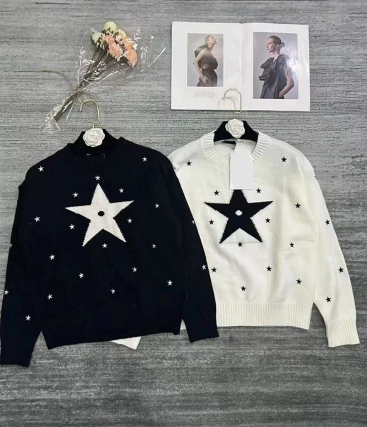 歐洲站23秋冬新款D+五角星刺繡蜜蜂CD圓領長袖針織套頭女百搭毛衣