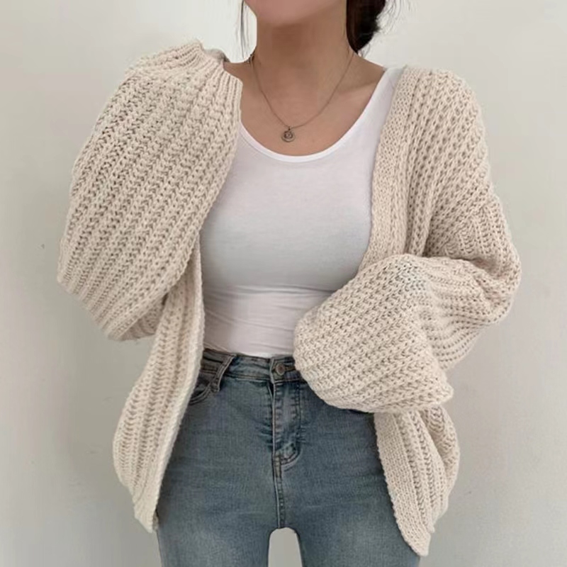 Korean chic autumn lazy style V-neck versatile loose casual solid color lantern sleeve knitted cardigan sweater jacket
