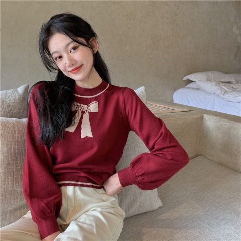 2023 Autumn and Winter Korean Style Slim Bow Long Sleeve Scarf Collar Sweater Women's Bottoming Top Gentle Style