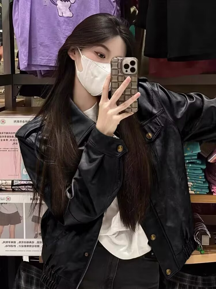 美式高級感皮衣外套女短款2023秋季新款時尚簡約洋氣百搭皮夾克潮