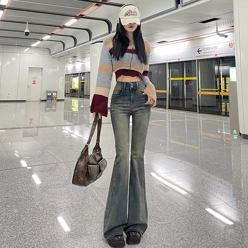 實拍2023秋季時尚潮流辣妹復古彈力修身顯瘦牛仔褲女