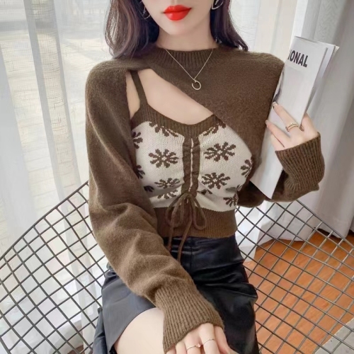 South Korea Dongdaemun suit women's  autumn new solid color long-sleeved shawl flower suspender shirt two-piece set