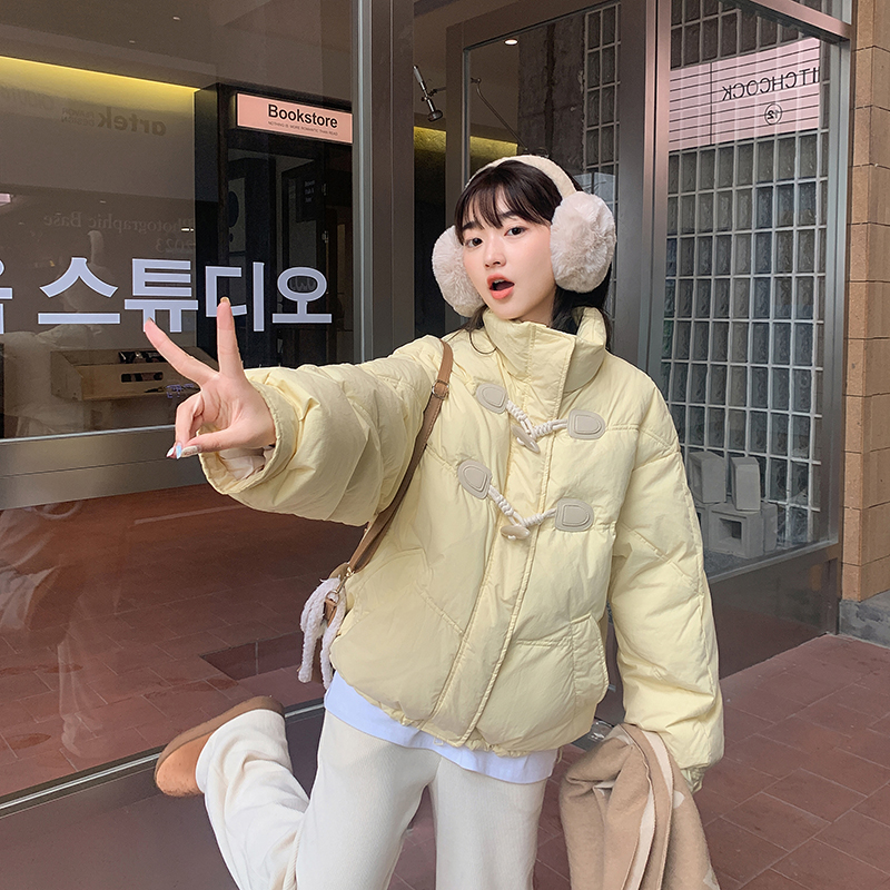 實拍2023年新款韓版牛角扣羽絨棉服女短款立領加厚棉襖冬季外套