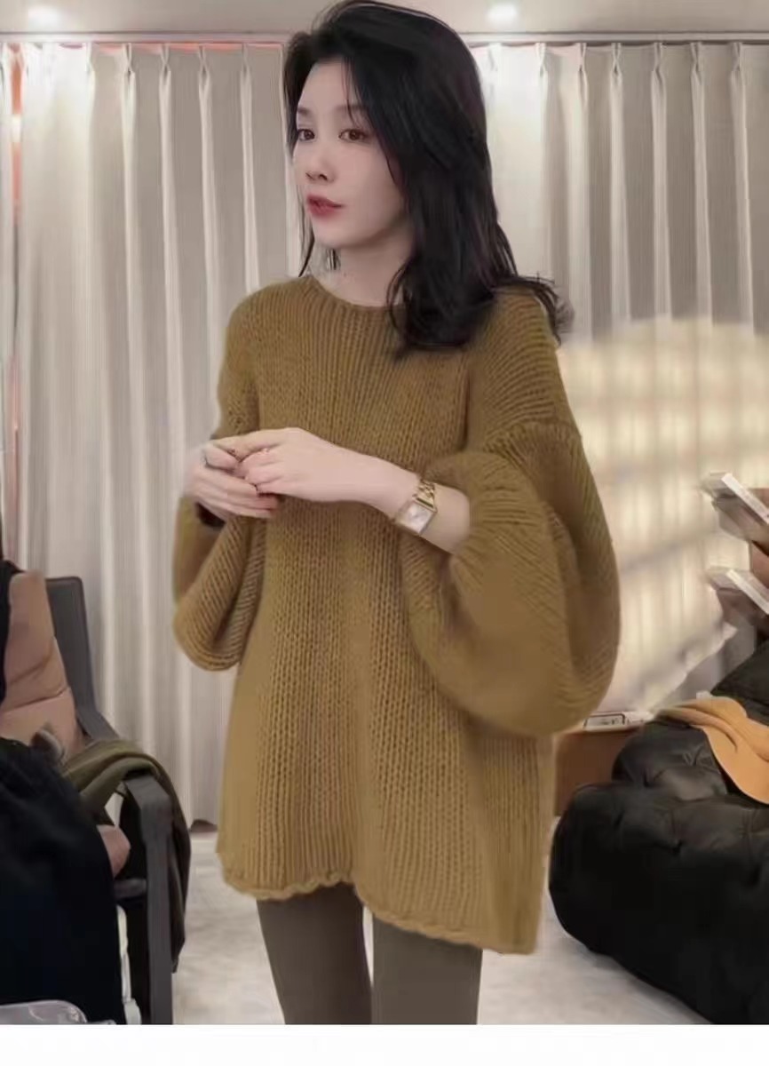 慵懶風小眾設計燈籠袖寬鬆套頭毛衣女秋冬高級感法式復古針織上衣