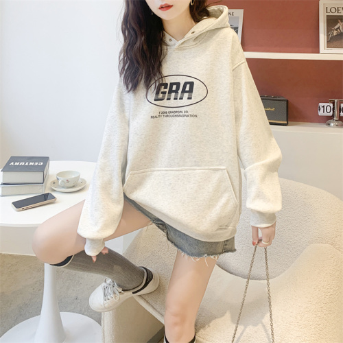 First real shot of pure cotton surface composite milk silk autumn thin hooded sweatshirt for women with metal button letter print design