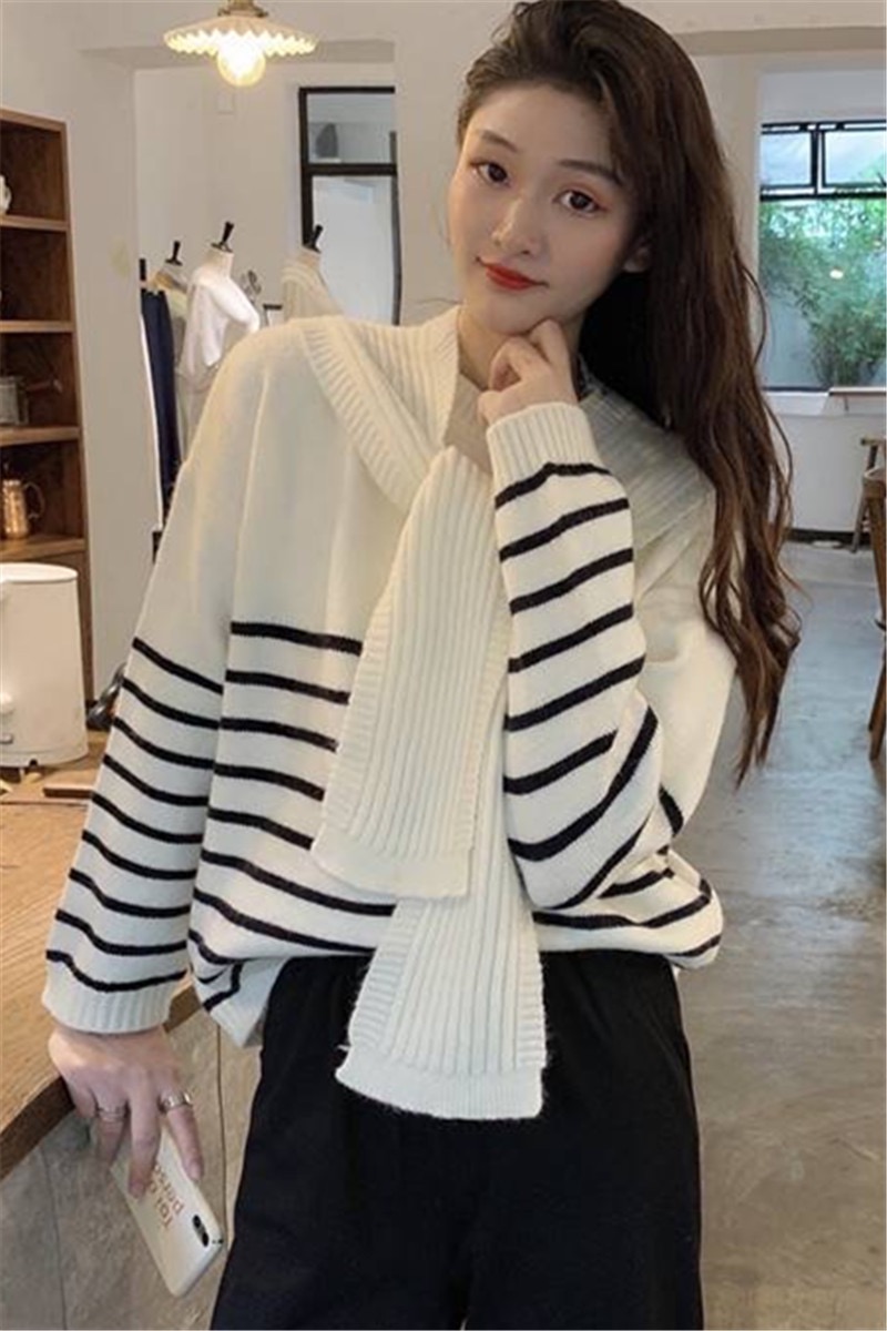 Pullover sweater women's design niche striped sweater spring and autumn long-sleeved top loose lazy shawl two-piece set