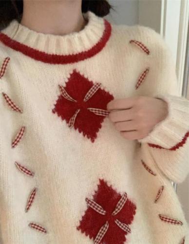 减龄可爱圣诞毛衣秋装加厚宽松中长款氛围格子丝带羊绒针织衫
