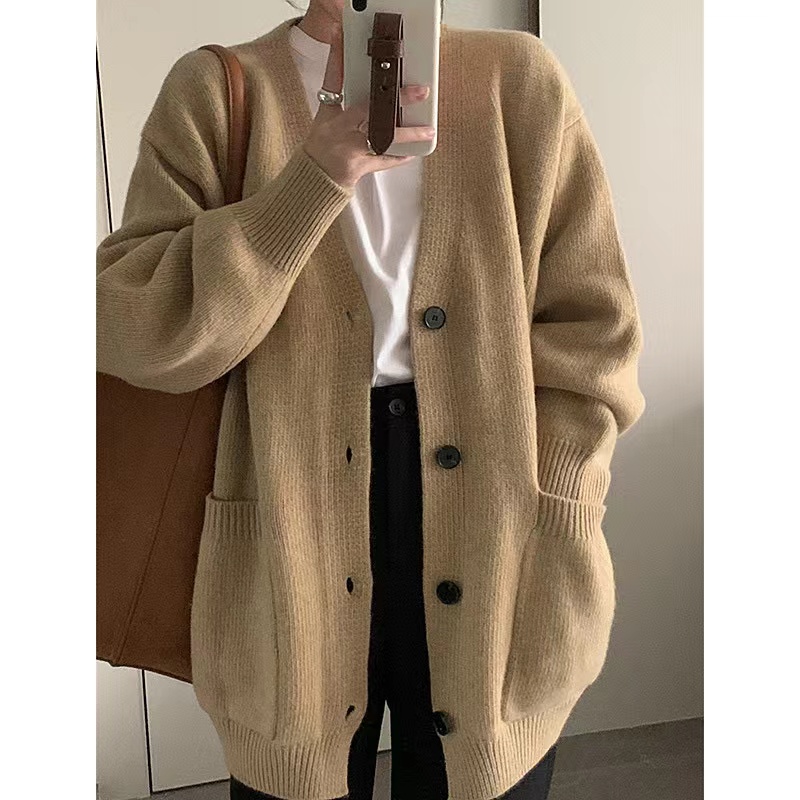 Japanese retro v-neck knitted cardigan women's autumn and winter lazy style loose slim button sweater jacket