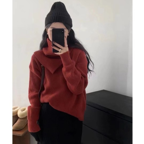 Lazy style loose v-neck pullover sweater women's winter design suit scarf warm sweater two-piece set