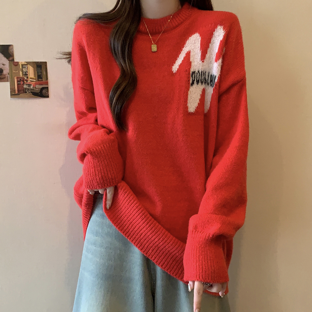 實拍大碼女裝2023秋冬紅色新年款軟糯毛衣秋冬簡約字母寬鬆針織衫