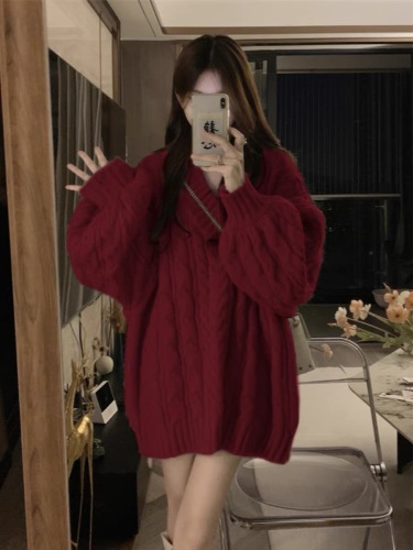 Burgundy v-neck twist sweater for women autumn and winter 2023 new loose sweater soft waxy lazy style retro top