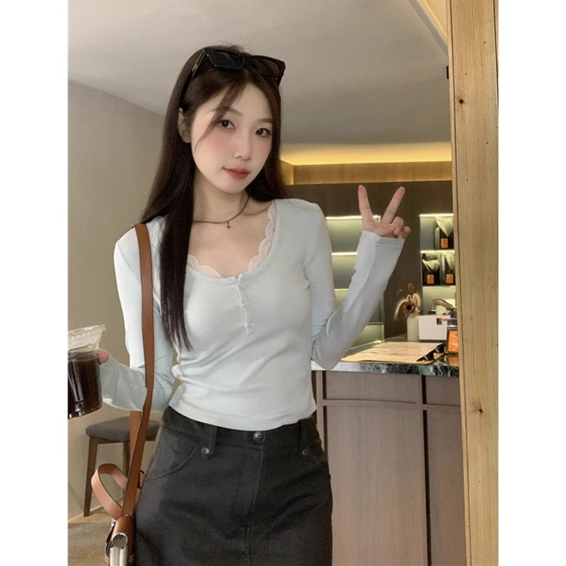 Plus size hot girl square collar right shoulder long sleeve T-shirt autumn 2023 new women's fat mm bottoming shirt sweet and spicy small top
