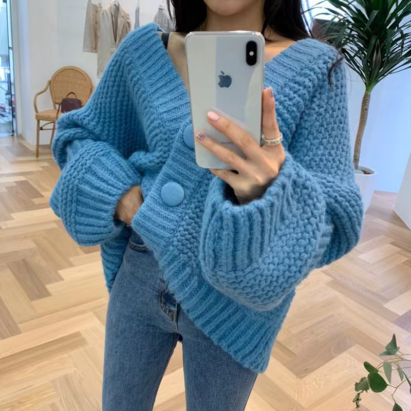 Korean Dongdaemun thick stick needle lantern sleeve outer sweater jacket for women versatile loose lazy style knitted cardigan for women