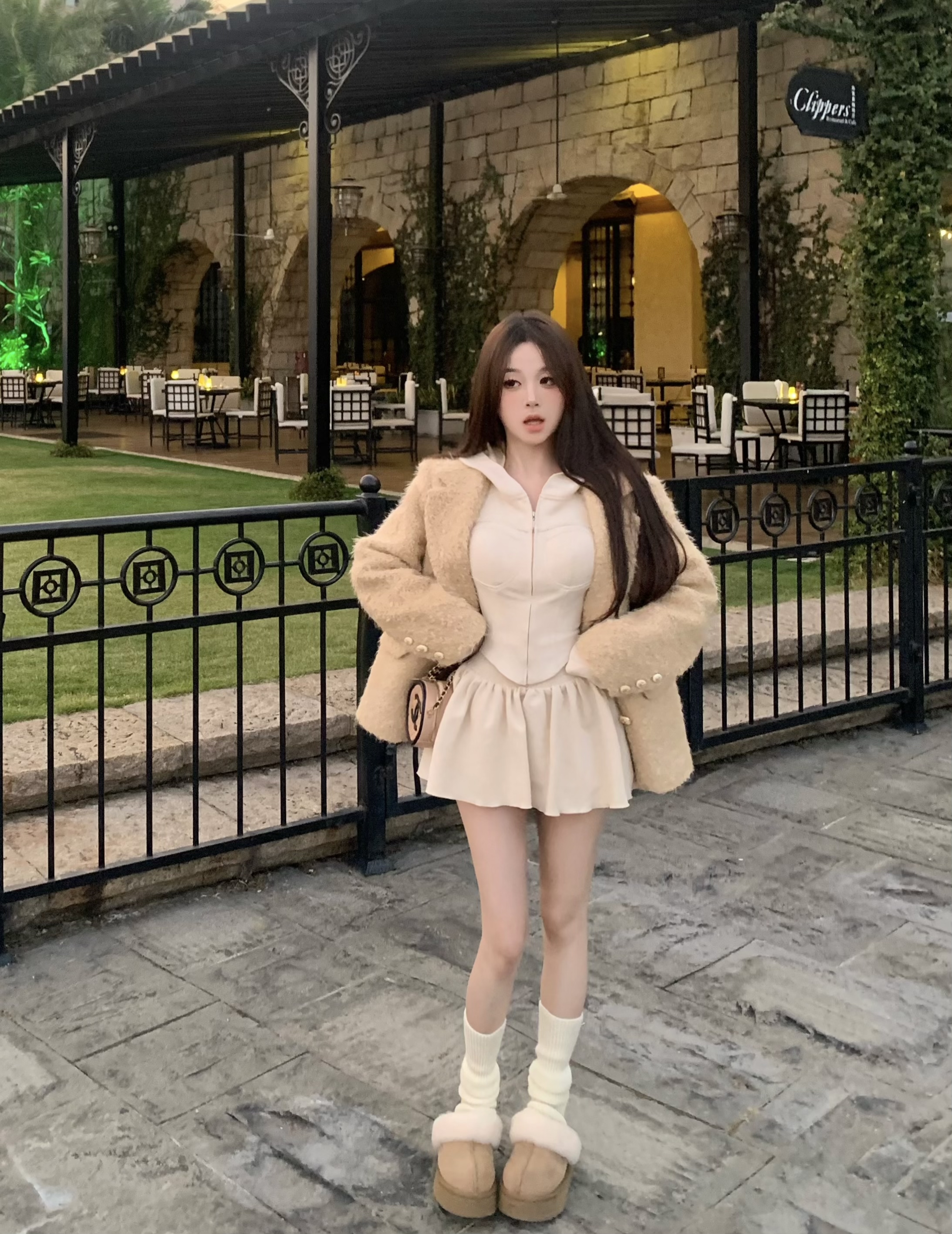毛毛夾棉西裝外套女秋冬休閒西服+麂皮絨長袖連帽外套兩件套