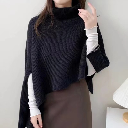 High collar pullover cape sweater for women in autumn irregular loose layered short sweater vest shawl