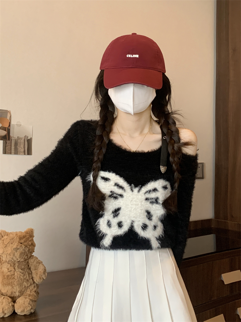 實拍 新款蝴蝶提花針織衫女長袖露肩毛衣緊身短款打底上衣