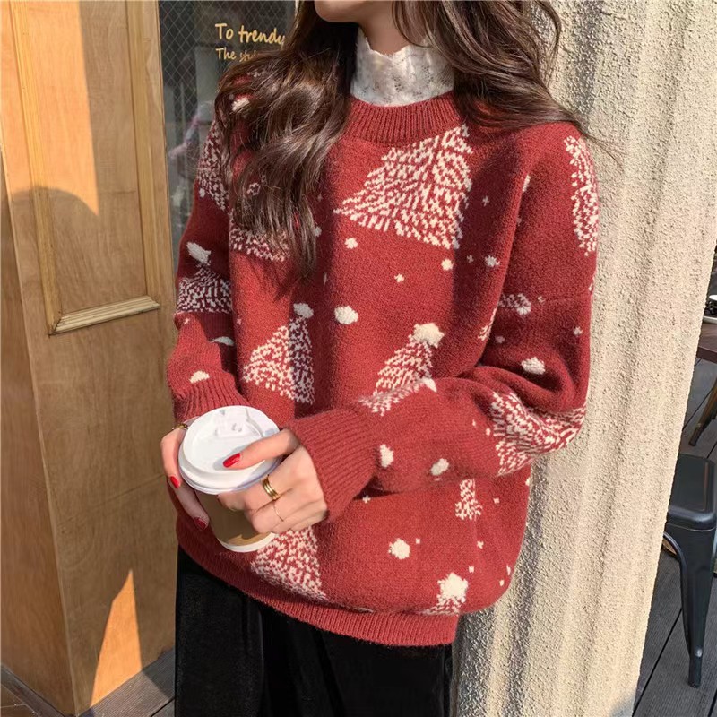 Korean style loose and slim round neck super hot long-sleeved snowflake Christmas and New Year sweater for women thickened warm outer sweater