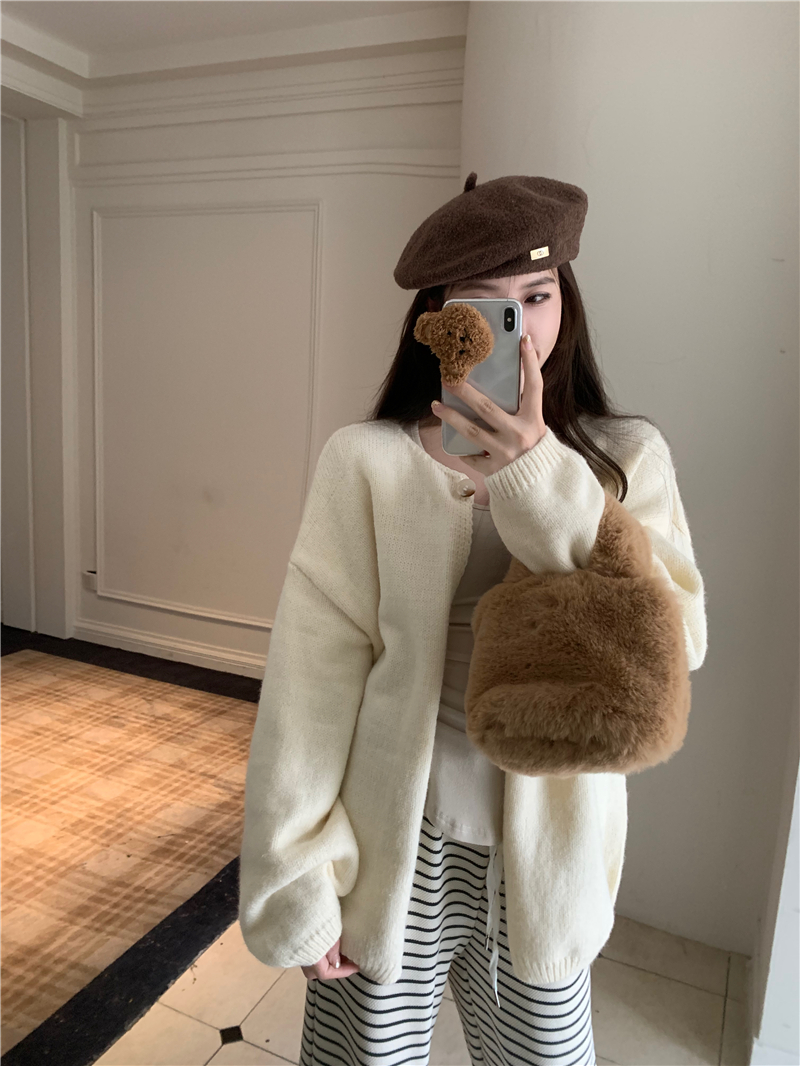 實拍 韓系寬鬆圓領毛衣外套女一粒扣外穿厚款開衫